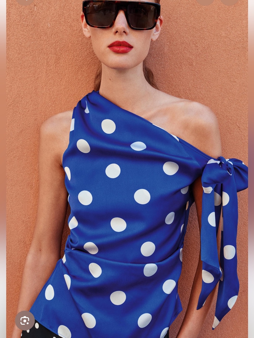 Zara Royal Blue One-Shoulder Polka Dot Top with Side Tie